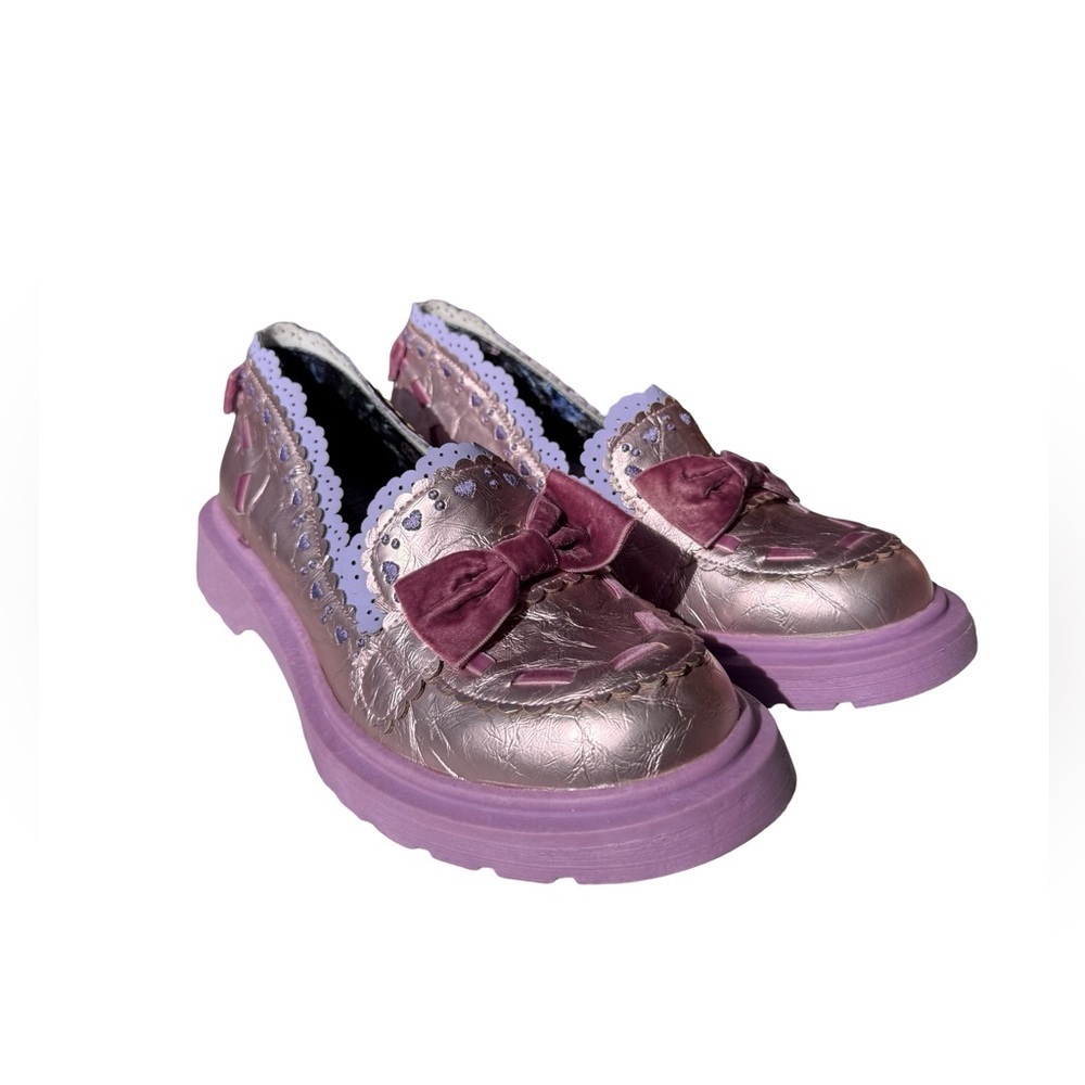 Irregular Choice Pink Metallic Bow Loafers Lavender Scallop Trim US 12 NWOT - Picture 2 of 14
